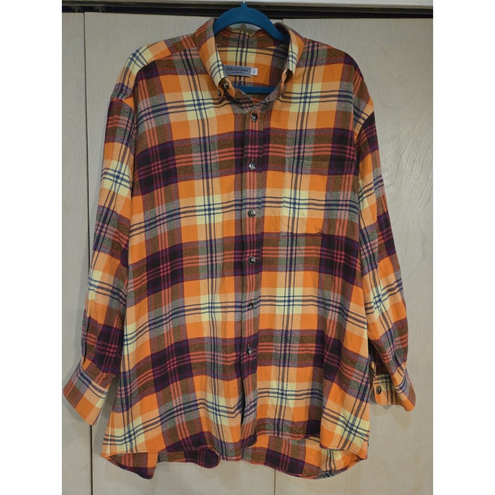 Vintage Bullock & Jones Flannel Shirt Men L Orange Plaid USA Made 90s Cotton